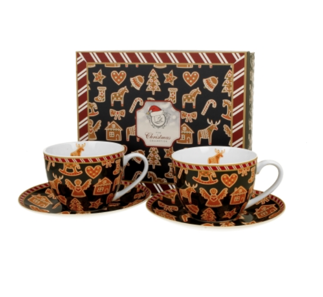 Duo - 2 porcelánové hrnky s podšálky Gingerbread Navy, 250 ml