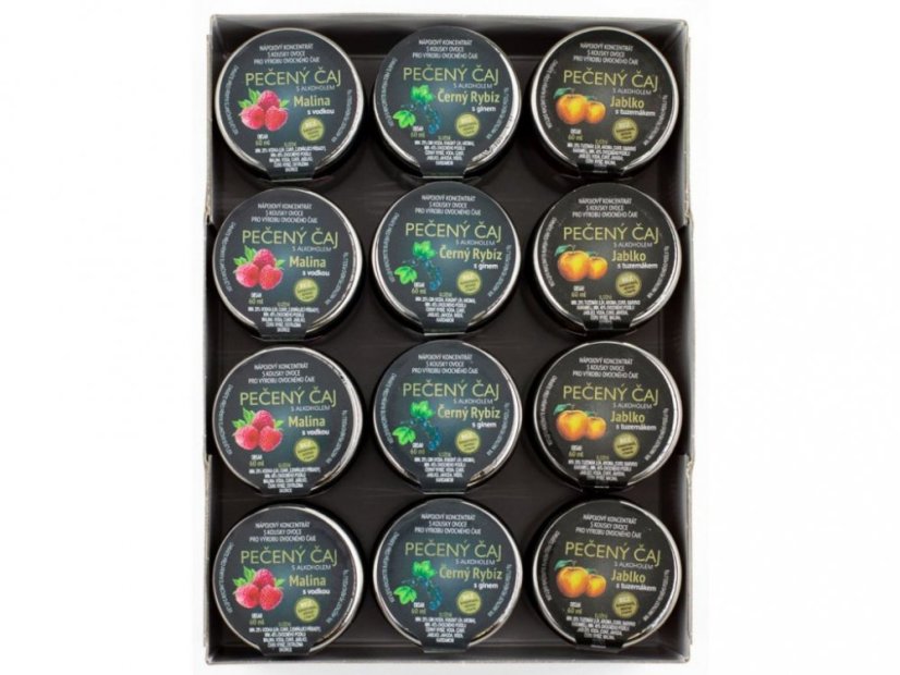 Pack of 12 baked teas with alcohol, different flavour variants - Varianta: Raspberry with vodka, Blackcurrant with gin, Apple with vodka