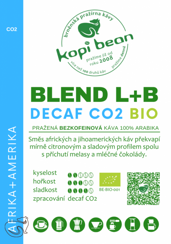 Decaf Blend L+B CO2 - BIO směs kávy ze Střední Amerik a Afriky – čerstvě pražená bezkofeinová káva Arabika, min. 50g