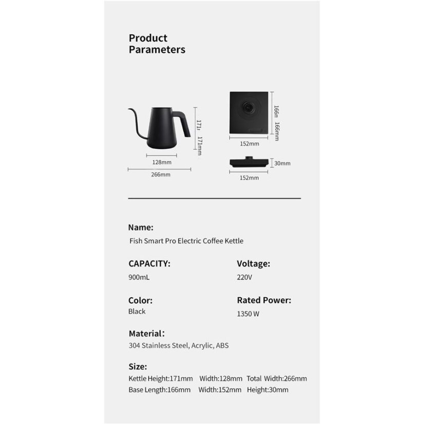 Timemore - Fish Smart Prominent Pour Over Thin, black, electric kettle, 900ml