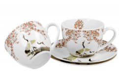 Duo - 2 porcelánové hrnky s podšálky Sakura & Cranes, 250 ml