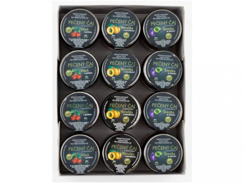 Pack of 12 baked teas with alcohol, different flavour variants - Varianta: Raspberry with vodka, Blackcurrant with gin, Apple with vodka