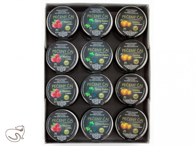 Pack of 12 baked teas with alcohol, different flavour variants - Varianta: Raspberry with vodka, Blackcurrant with gin, Apple with vodka