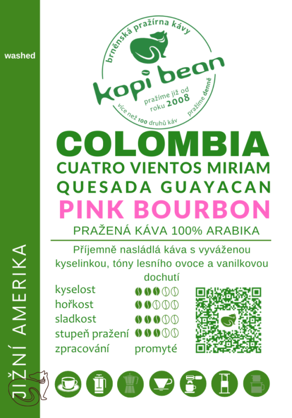 COLOMBIA Cuatro Vientos - Miriam Quesada Guayacan Washed Pink Bourbon, čerstvě pražená káva, min. 50 g