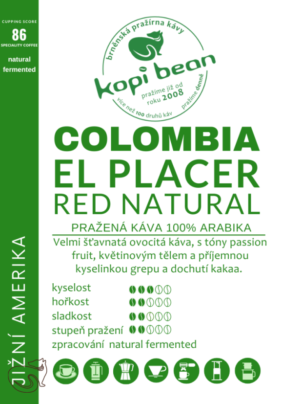 Colombia El Placer Caturra Red natural fermented – čerstvě pražená Arabika, min. 50 g