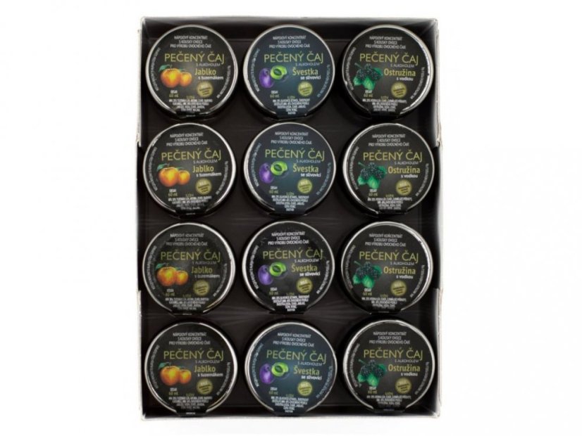 Pack of 12 baked teas with alcohol, different flavour variants - Varianta: Apple with plum, Plum with plum brandy, Blackberry with vodka