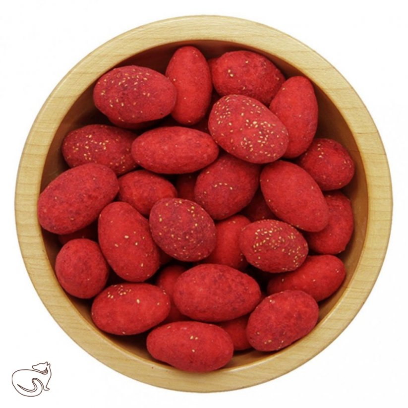 Almonds in strawberry and white chocolate coating , min. 100 g