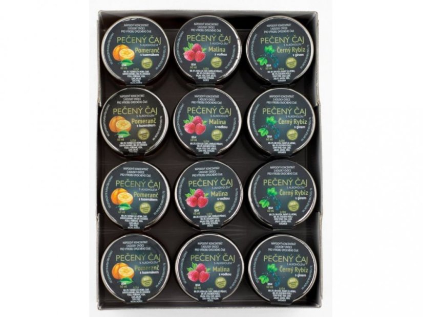 Pack of 12 baked teas with alcohol, different flavour variants - Varianta: Orange with groundnut, Raspberry with vodka, Blackcurrant with gin