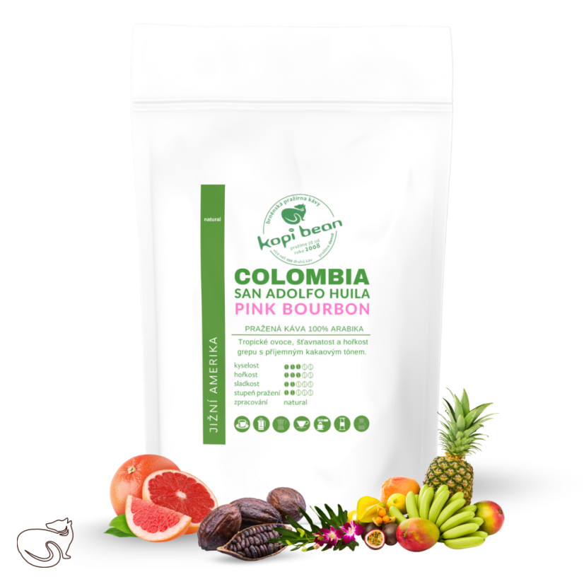 Colombia El Placer Pink Bourbon San Adolfo Huila natural, čerstvě pražená káva, min. 50 g