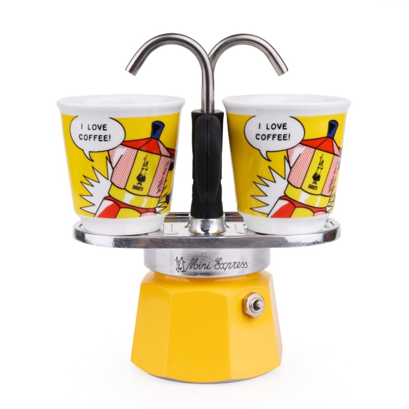 Bialetti Mini Express, Lichtenstein + 2 šálky, 2 porce Bialetti Mini Express, Lichtenstein + 2 šálky, 2 porce