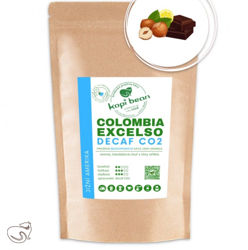 Colombia Excelso Decaf CO2 – čerstvě pražená bezkofeinová káva, min. 50g